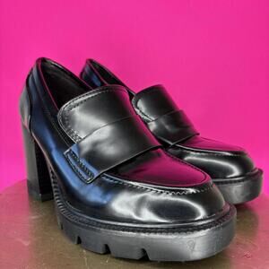 Madden Girl Smarty Black Faux Leather Chunky Heel Loafer US 6.5